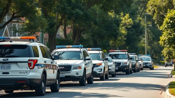 Police news scene with parked police SUVs in residential area.