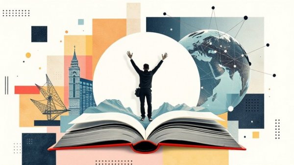 Abstract collage symbolizing CEOs New Year’s Resolutions 2026 with books, network globe, and a triumphant silhouette.