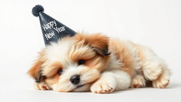 Cute puppy in a New Year hat reflecting New Year's resolutions for veterinary clinics.