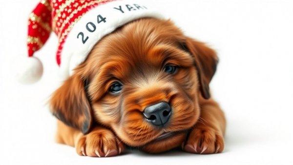 Puppy wearing New Year's hat, New Year's resolutions vet clinics.