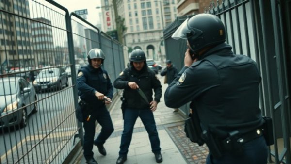 Police officers confronting armed individual during mental health crisis on city street.