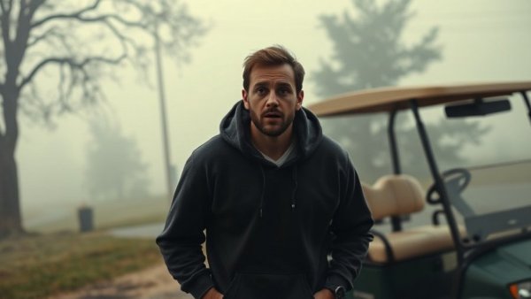 Unconventional police tactics scene with startled man near golf cart.