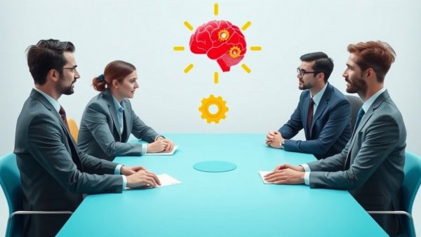 Business team discusses AI cybersecurity risks with brain and gears.