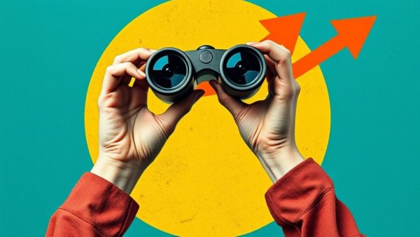 Digital Marketing Trends 2026 concept with abstract collage of binoculars and arrows.