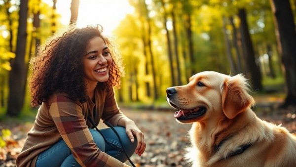 Pet Food Industry Trends in 2023: Woman with dog in sunny forest.