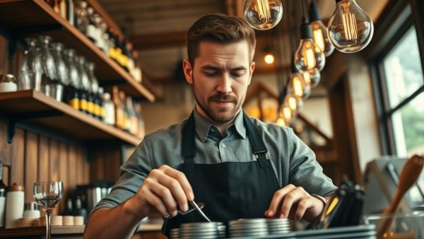 Waiter organizing cutlery in a cafe, reflecting minimum wage increase effects on consumers.