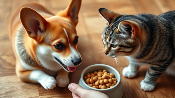 Corgi and tabby cat eating food, illustrating nutrition before surgery in pets.