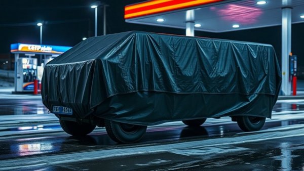 Electric Vehicle Fire Safety: Covered car at gas station with tarp.