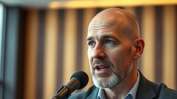 Man speaking into microphone in modern interior, medspa marketing context.