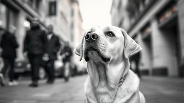 Friendly Labrador in a street setting, highlighting veterinary innovative treatments.