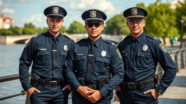 Police officers by the waterfront posing confidently, showcasing effective policing strategies.
