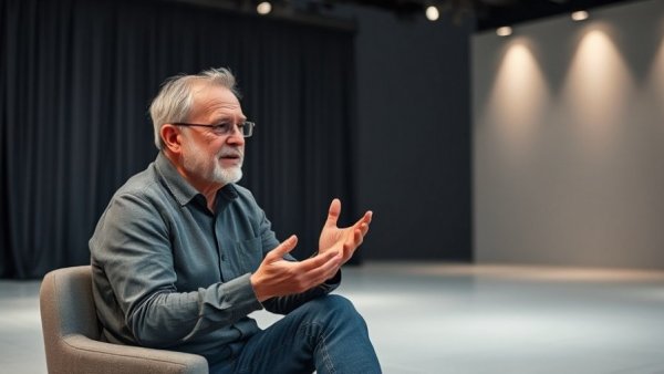 Middle-aged man discussing on a modern stage, cortisol energy boost routine context.