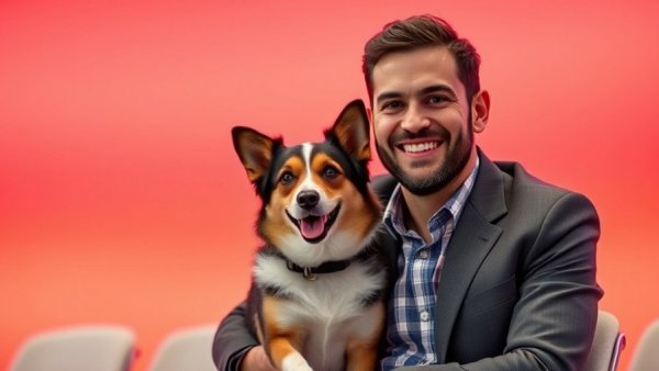 Video interview at fetch conference with a man and his dog, discussing canine separation anxiety medication.