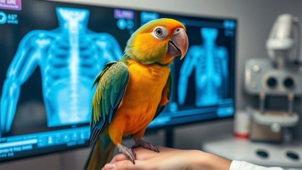Advanced imaging in zoo medicine showcasing parrot on hand.