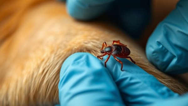 Gloved hands inspecting tick on animal for year-round parasite risk management.