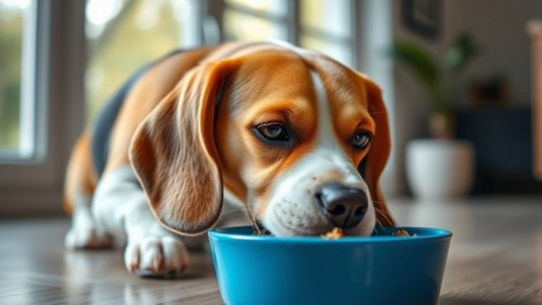 Beagle eating from blue bowl for fast diarrhea relief for pets.