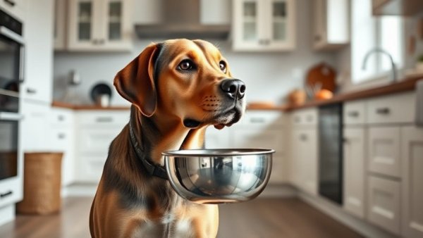 Labrador with bowl in kitchen, highlighting comprehensive parasite management in veterinary practice.