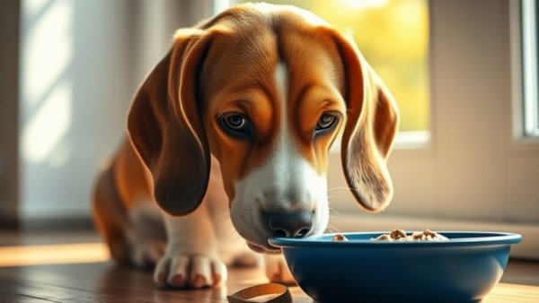Beagle eating from blue bowl for diarrhea relief in pets.