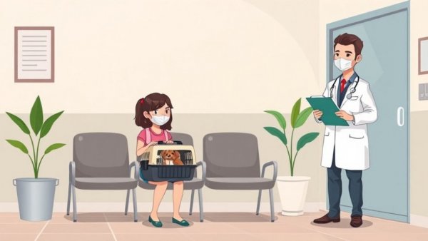 Veterinary practice with masked woman and vet discussing geriatric pet programs.