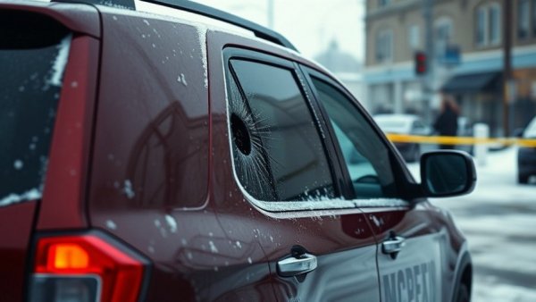 Maroon SUV with bullet hole in windshield, police tape, Minneapolis street.