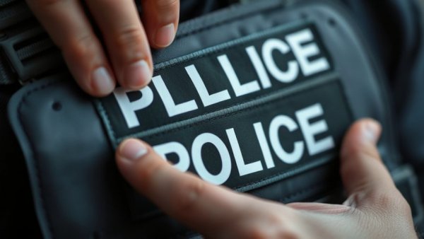 Tactical vest with POLICE ICE label, hand gripping, close-up.