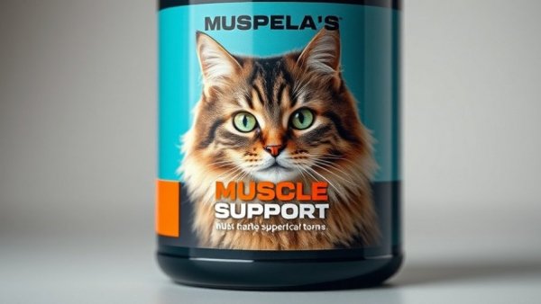 Muscle support supplement for cats, container with cat image.