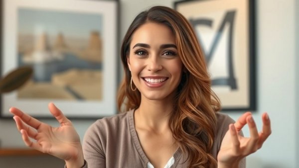 Smiling woman discussing creating content clients care about, indoor setting.