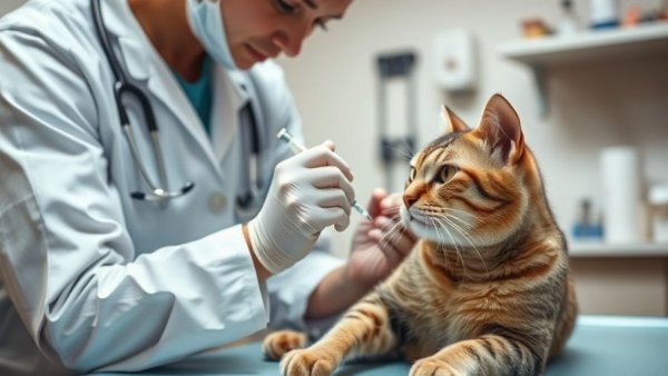 Veterinarian providing geriatric pain management to senior cat.