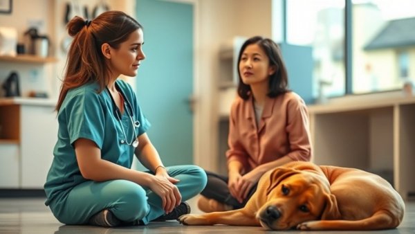 Veterinarian and client communicating in an office with a Labrador present.