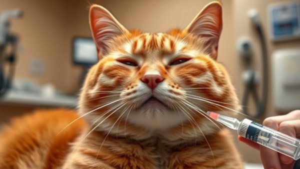 Senior cat at vet receiving treatment for geriatric pain management.