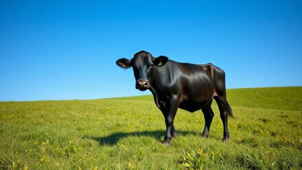 Black cow grazing in sunny lush green pasture.
