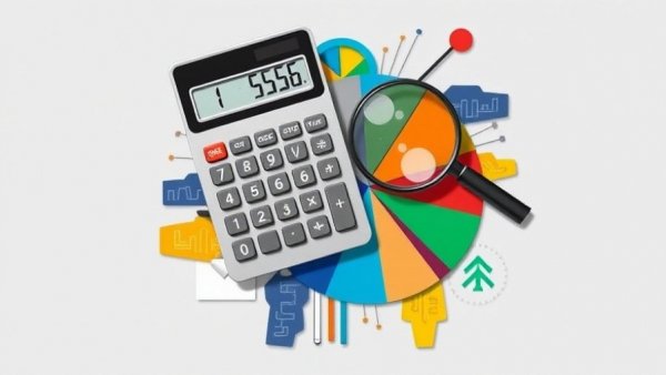 Abstract collage of calculator and magnifying glass on a colorful pie chart.