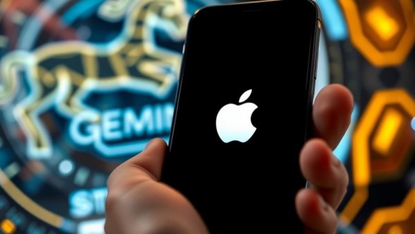 Hand holding smartphone with Apple logo in front of digital Gemini display, AI-Powered Siri.