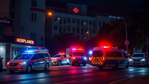 Nighttime police vehicles outside a hospital, emergency response.