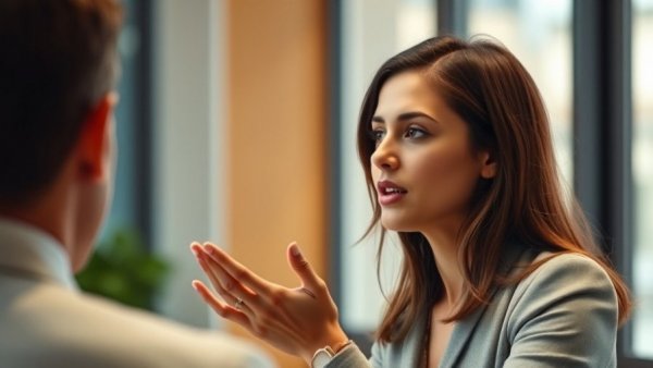 Professional woman talking in an office, showcasing emotional intelligence.