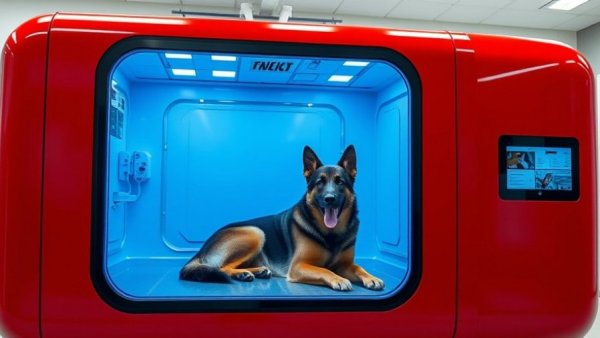 German Shepherd in BEST-BOX veterinary technology unit, blue light inside.