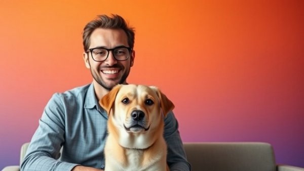 Cheerful man and dog at Fetch conference discuss canine separation anxiety treatment.