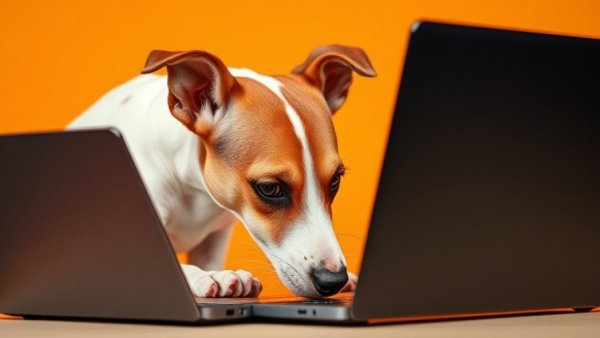 Jack Russell Terrier examining laptop at 2026 Veterinary Meeting & Expo.
