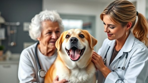 Vet and owner caring for a dog, discussing canine longevity drug.