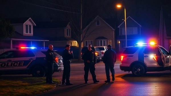 Law enforcement officers at a nighttime police scene with flashing lights.