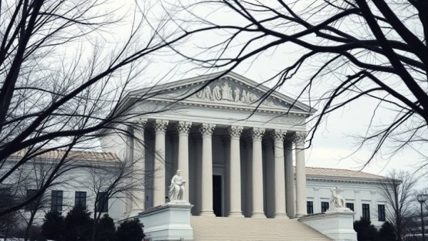 Supreme Court building facade seen through winter trees.
