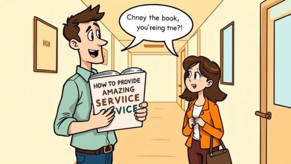 Cartoon of man with service book, humorous customer experience interaction.