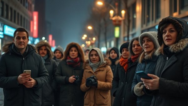 Crowd gathered on a cold night in a city street, some taking photos.