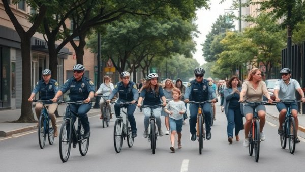 Police and children cycling in community-police engagement strategy.