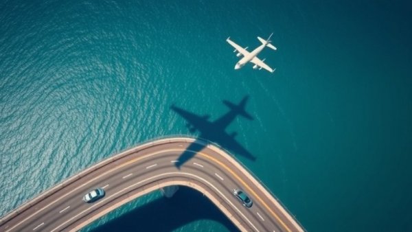 Shadow of airplane over bridge with cars illustrates driving vs flying.