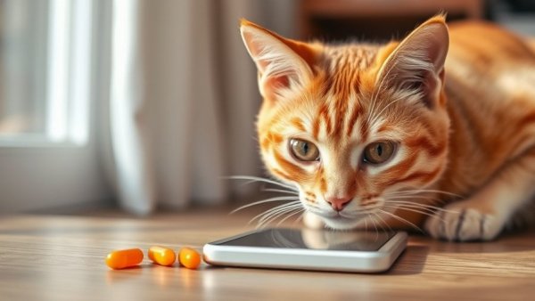 Curious cat with pills, highlighting pet poison risk.