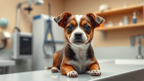 Small dog recovers post rare tumor surgery in vet clinic.
