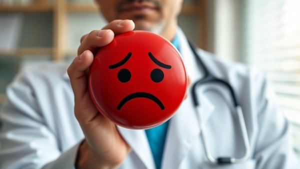 Health AI overviews cite YouTube: Doctor holds red sad face emoticon.