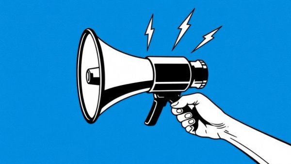Announcement megaphone with blue background, stylized for campaigns.