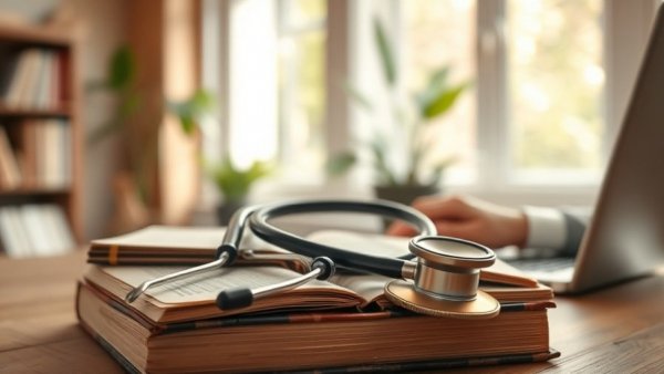 Stack of books with stethoscope; typing on laptop in the background.